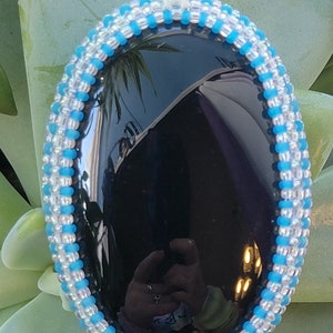 Obsidian natural gemstone beaded pendant, blue and white seed bead  woven bezel , blue crystal, bohemian style,handmade woven