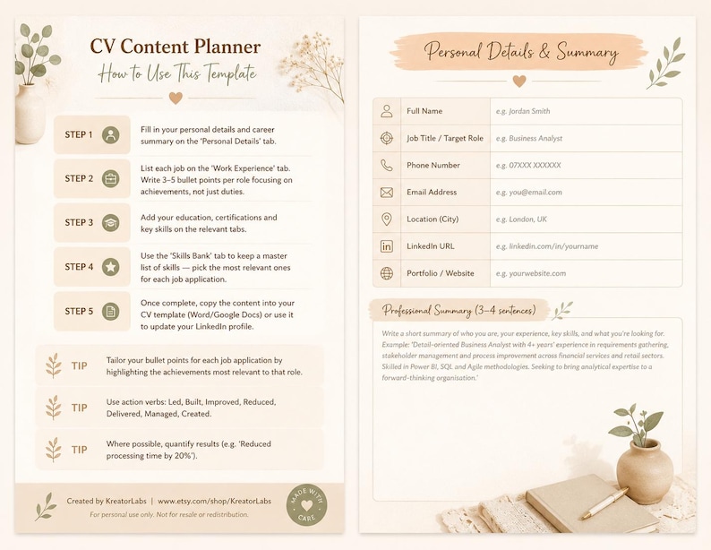 UK CV Template Word, ATS Friendly Resume + Career Planner (digital