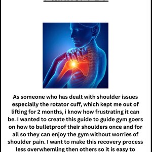 Può includere: Un documento digitale intitolato 2 Week Rotator Cuff Rehab Planner PDF. La pagina presenta un'illustrazione di un busto umano con un'area rossa luminosa sulla spalla, accompagnata da un paragrafo di testo che spiega lo scopo della guida.