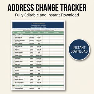 Könnte beinhalten: Ein Adressänderungs-Tracker-Dokument mit einer dunkelblauen Kopfzeile, die den Text 'ADDRESS CHANGE TRACKER' und 'NEXT CHAPTER PLANNING' enthält. Das Formular umfasst kategorisierte Checklisten für Behörden, Finanzen, Versicherungen, medizinische Dienste und Abonnements.