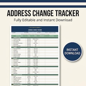 Puede incluir: Un documento de seguimiento de cambio de dirección con encabezado azul oscuro y filas de categorías verdes. El texto dice Address Change Tracker, Next Chapter Planning e Instant Download. Incluye columnas para organización, categoría y método.