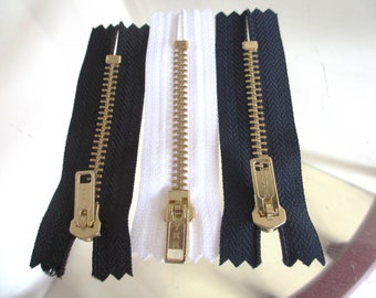 3 New 3 Inch YKK Brass Black/White/Dark Blue Jean Zippers with Closed Bottom