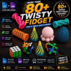 Pode incluir: Uma coleção de brinquedos fidget impressos em 3D, incluindo uma espiral rosa, um twist turquesa, um cilindro de treliça laranja, dois cones azuis e amarelos, uma esfera rosa, um ovo azul texturizado, um cubo puzzle e dois puzzles geométricos.