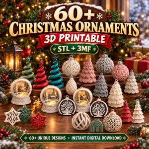 Op de afbeelding: Een verzameling 3D-printbare kerstornamenten, waaronder spiraalvormige bomen, gestructureerde bollen, sneeuwbollen met wintertaferelen en boomvormige decoraties. De afbeelding bevat de tekst 60+ CHRISTMAS ORNAMENTS 3D PRINTABLE STL + 3MF en 60+ UNIQUE DESIGNS INSTANT DIGITAL DOWNLOAD.