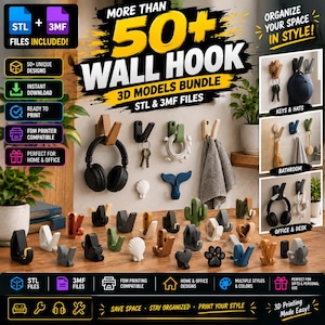 Pode incluir: Um pacote digital de mais de 50 modelos 3D de ganchos de parede em formatos STL e 3MF. A imagem mostra vários designs de ganchos em cores como preto, branco, verde, azul e marrom, usados para pendurar fones de ouvido, chaves, toalhas e chapéus.