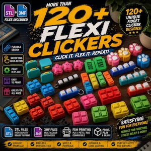 Peut inclure: Une collection de fidget clickers imprimés en 3D de formes et de couleurs variées, incluant des empreintes de pattes, des étoiles et des blocs rectangulaires avec des boutons blancs. L'image présente des textes promotionnels sur 120 designs.
