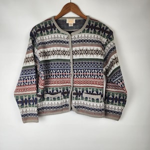 Vintage Tally Ho Fair Isle Button Up Knit Cardigan w Pockets 90s Nordic Scandi