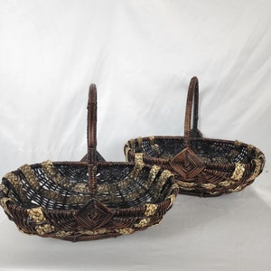 70s Harvest Gathering Basket Set Wicker Willow Handle Gods Eye Cottagecore Brown