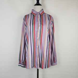 Vintage 70s NPC Fashions Colorful Stripe Long Sleeve Button Up Blouse Large