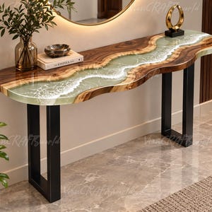 Live Edge Walnut Console Table | Sage Green Epoxy Resin River, Black Metal Base