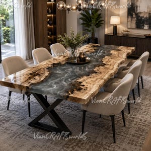 May include: A rectangular dining table featuring a live-edge wood slab with a central river of swirling gray and white resin. The table is supported by a black metal X-shaped base and is surrounded by six upholstered chairs in a light beige fabric.
