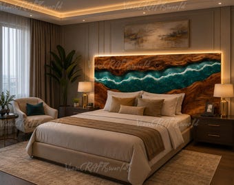 Luxury Burl Wood Live Edge Headboard | Teal Ocean Resin River Statement Piece