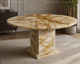 Luxus Honig Onyx Runder Esstisch | Naturstein Sockel Statement Piece