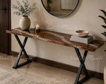 Olive Wood River Console Table | White Pebble Epoxy Resin Entryway Furniture