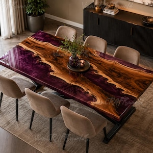 May include: A rectangular dining table featuring a live-edge wood slab center with deep purple resin fill on both sides. The table is supported by black metal legs and is surrounded by six upholstered beige chairs with black metal legs.