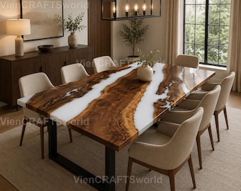 Walnut Live Edge Dining Table | White Epoxy Resin River Statement Piece