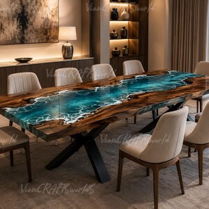 Handmade Olive Wood Ocean Epoxy River Dining Table | Live Edge Statement Furniture