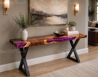 Luxury Purple Epoxy Resin River Console Table | Burl Wood Entryway Furniture