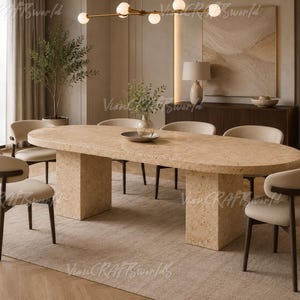 Handmade Beige Travertine Oval Dining Table | Natural Stone Double Pedestal Base