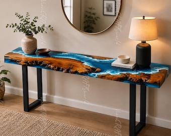 Mesa consola de lujo con diseño de río, madera natural con borde natural y resina epoxi: diseño de olas oceánicas.