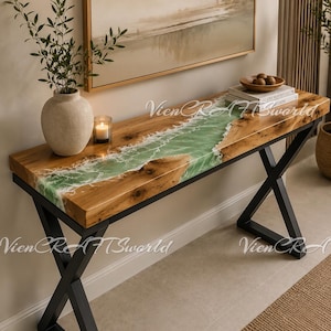 Luxury Green Ocean Epoxy Resin Console Table Emerald Green Resin River Console Table Handmade Green Resin River Table Green River Wood Table
