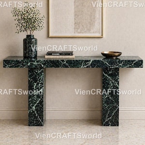 Luxe groenmarmeren consoletafel, moderne rechthoekige haltafel, . Donkergroene marmeren consoletafel, luxe rechthoekige marmeren tafel