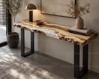 Live Edge Epoxy Resin Console Table | Handmade Wood Entryway Table Modern Rustic Hallway Furniture White Resin River Console Table