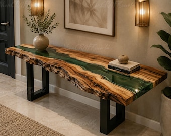 Emerald Green Epoxy Resin Console Table | Handmade Olive Wood Live Edge Entryway Table