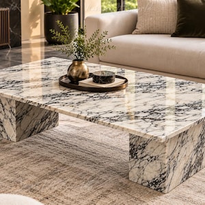 Handcrafted Calacatta Marble Coffee Table, Rectangular Stone Centerpiece, Modern Luxury Living Room Furniture