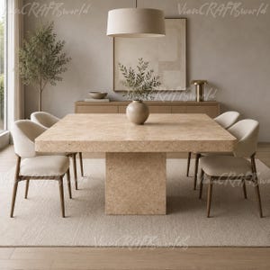Op de afbeelding: Een vierkante eettafel met een getextureerd beige stenen oppervlak en een dikke centrale voet. Vier gebroken witte gestoffeerde stoelen met houten poten staan rond de tafel. Een keramische vaas met groene takken staat in het midden.