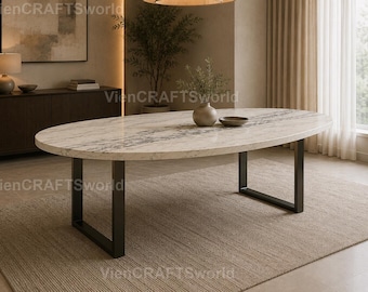 Handmade Calacatta Marble Oval Dining Table | Natural Stone Modern Base