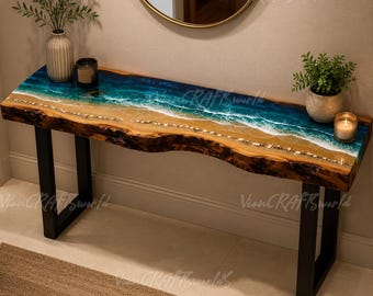 Ocean Epoxy Resin Console Table | Live Edge Olive Wood Entryway Table