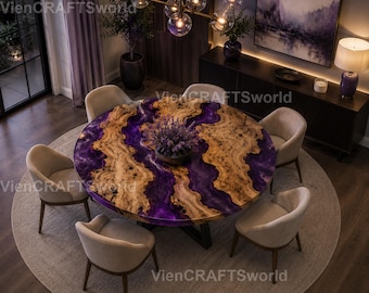 Luxury Purple Epoxy Resin River Round Dining Table Round Epoxy Resin Dining Table | Purple River Table Amethyst Purple Resin River Table