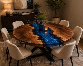 Luxury Blue Ocean Epoxy Resin River Round Dining Table, Burl Wood Statement Furniture
