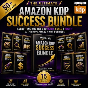 Può includere: L'Amazon KDP Success Bundle presenta una copertina centrale con una freccia dorata verso l'alto e un grafico a barre viola, circondato da 15 guide. Il testo include The Ultimate Amazon KDP Success Bundle e 50+ Pages of Value.