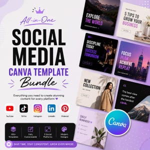 Social Media Canva Template Bundle | YouTube, TikTok, Instagram, LinkedIn & Pinterest Thumbnail Templates | 100+ Editable Designs