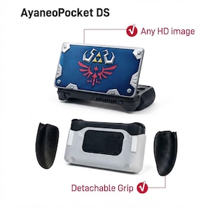 May include: AyaneoPocket DS handheld gaming console featuring a blue top cover with a red and silver emblem. The device includes a black base and two detachable black textured grips. Text labels include AyaneoPocket DS, Any HD image, and Detachable Grip.