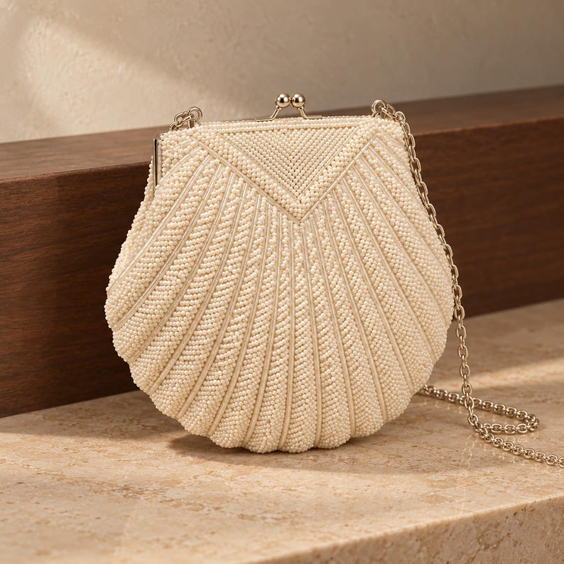 Ivory Beaded Shell-shaped Clutch With Kiss Lock and Chain Strap| Ivory ...
