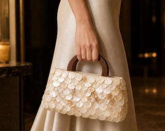 Borsa a secchiello in madreperla con paillettes, pochette a conchiglia, borsetta da sera