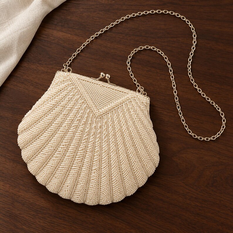 Ivory Beaded Shell-shaped Clutch With Kiss Lock and Chain Strap| Ivory ...
