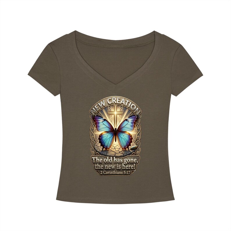 Tencel V-Neck T-Shirt, 2 Corinthians 5:17, Christian Butterfly Graphic Tee image 9