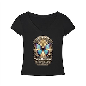 Tencel V-Neck T-Shirt, 2 Corinthians 5:17, Christian Butterfly Graphic Tee image 1
