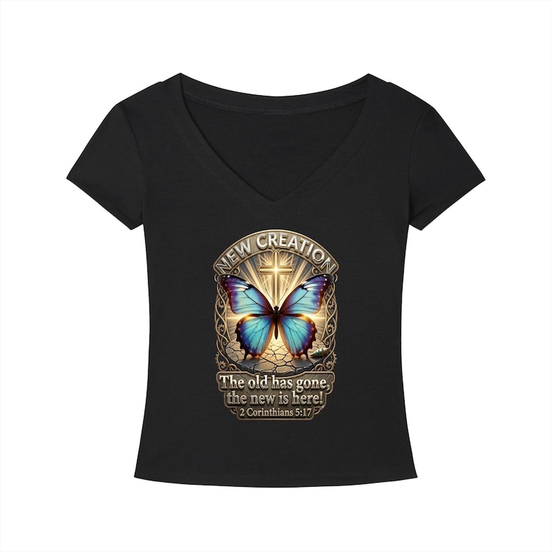 Tencel V-Neck T-Shirt, 2 Corinthians 5:17, Christian Butterfly Graphic Tee image 1