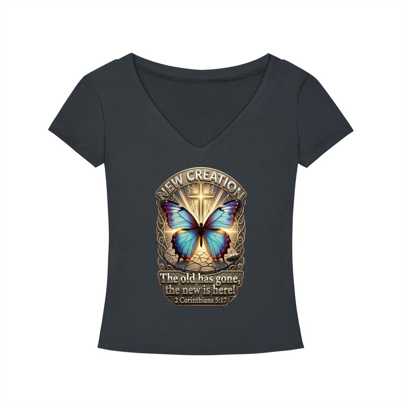 Tencel V-Neck T-Shirt, 2 Corinthians 5:17, Christian Butterfly Graphic Tee image 11