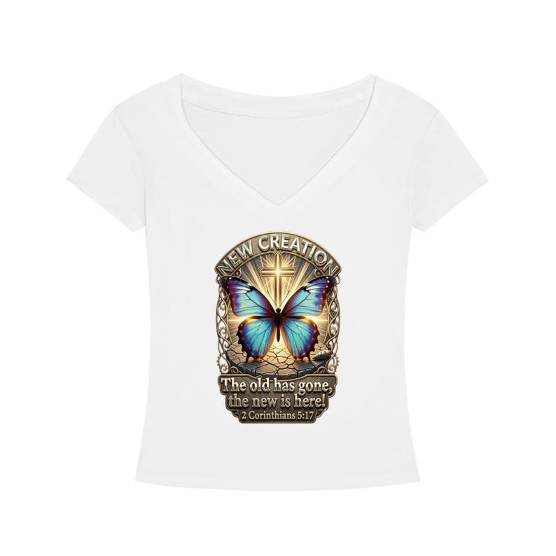 Tencel V-Neck T-Shirt, 2 Corinthians 5:17, Christian Butterfly Graphic Tee image 3