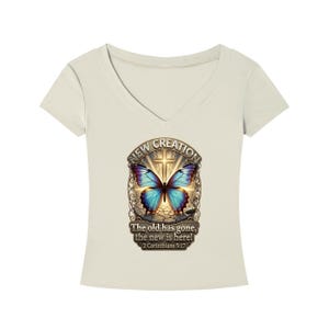 Tencel V-Neck T-Shirt, 2 Corinthians 5:17, Christian Butterfly Graphic Tee image 5
