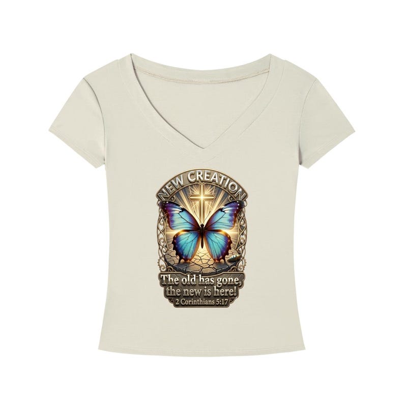 Tencel V-Neck T-Shirt, 2 Corinthians 5:17, Christian Butterfly Graphic Tee image 5