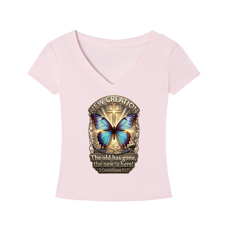 Tencel V-Neck T-Shirt, 2 Corinthians 5:17, Christian Butterfly Graphic Tee image 7