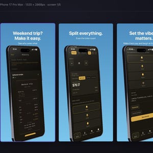 May include: Four smartphones displayed against a blue background, each showing a dark-themed mobile application interface with yellow accents. The screens feature text including 'Weekend trip? Make it easy.', 'Split everything.', 'Set the vibe. It matters.', and 'They ignored you?'.