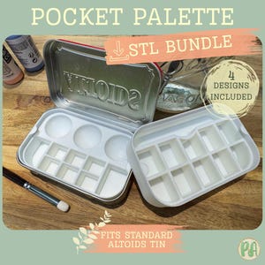Könnte beinhalten: Ein weißer Farbeinsatz aus Kunststoff für eine Standard-Altoids-Dose mit mehreren rechteckigen und runden Vertiefungen zum Mischen von Farben. Der Text POCKET PALETTE und STL BUNDLE ist auf dem Bild deutlich zu erkennen.